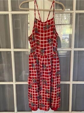 Maison Jules Red Plaid Floral Midi Dress